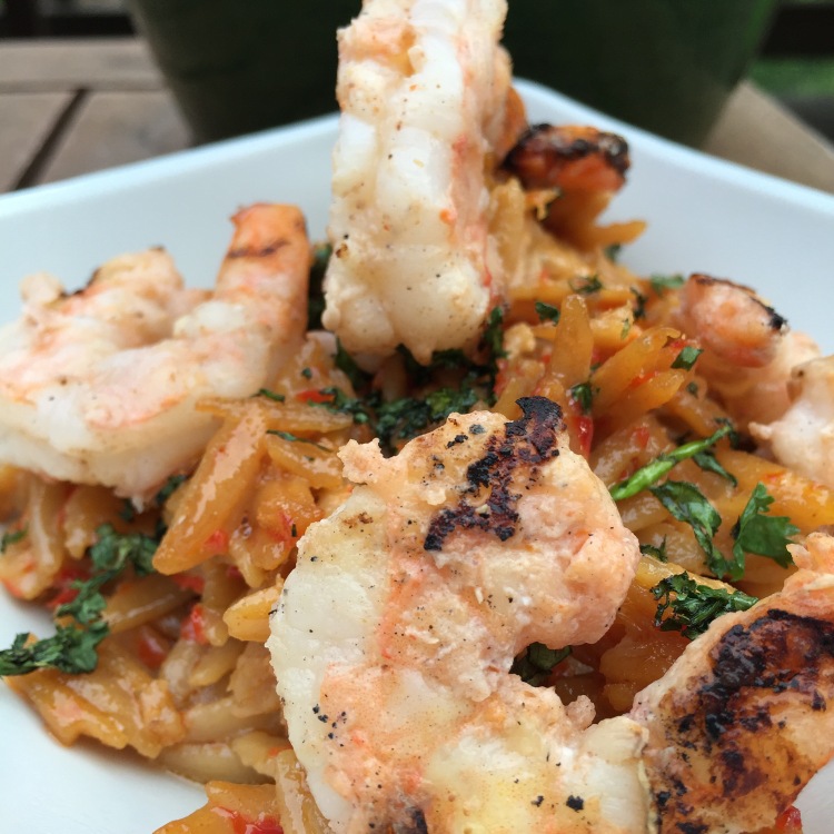 shrimp over red curry orzo